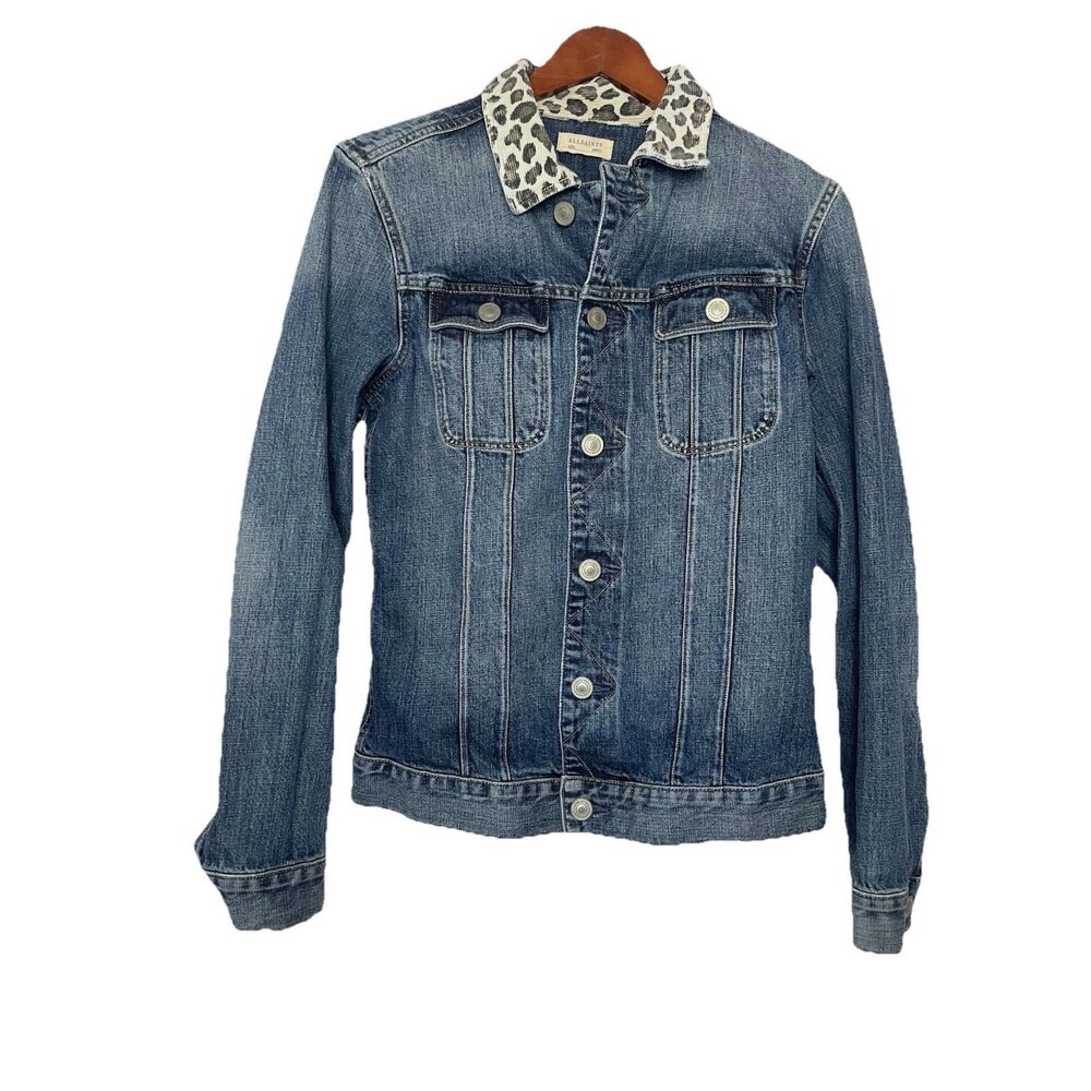 AllSaints Women's Small Blue Jean Denim Jacket Animal Print Corduroy Collar